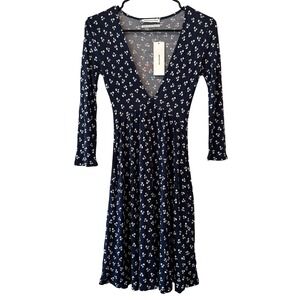 Urban Outfitters Navy‎ White Floral Print V Neck Long Sleeve Midi Dress XS